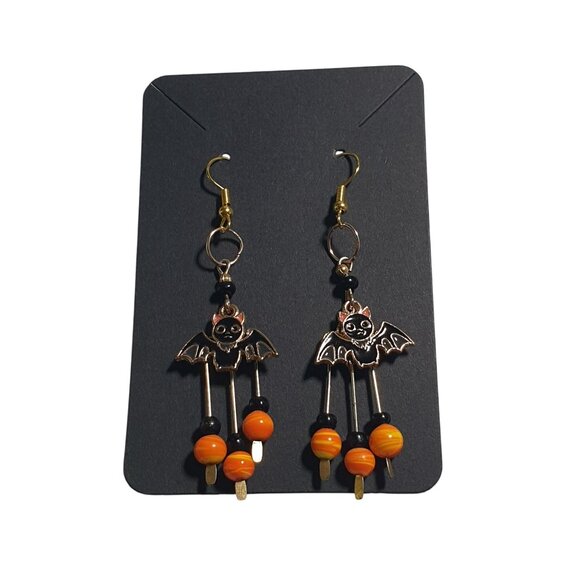 Handmade Bat Dangle Earrings Halloween Black Orange Beaded Design 3 Inches Long - Picture 3 of 5